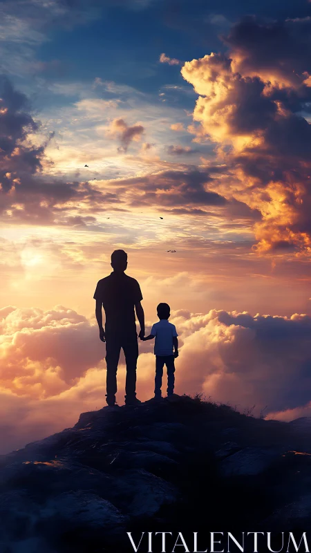 Silhouetted man and child stand on rocky peak above clouds