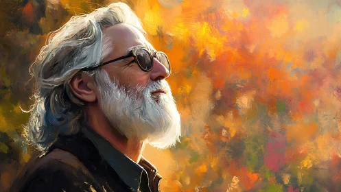 Older man basks in warm autumn light with quiet contentment