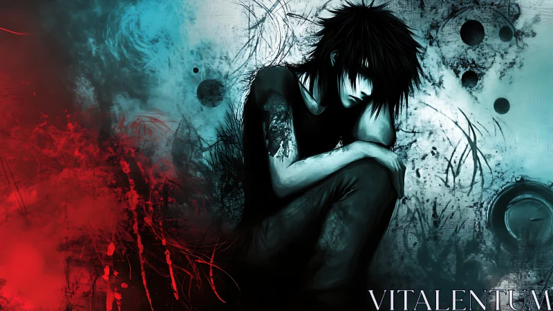 Brooding youth in swirling red and blue dreamscape.