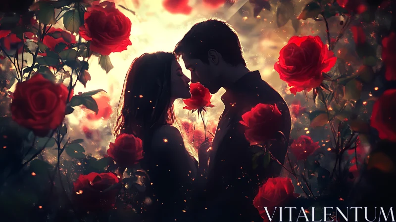 Silhouetted Couple Among Red Roses with Atmospheric Backlighting