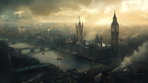 Cinematic dusk skyline over neo-gothic riverside parliament.