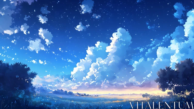 Soft evening clouds drift above a peaceful starry meadow
