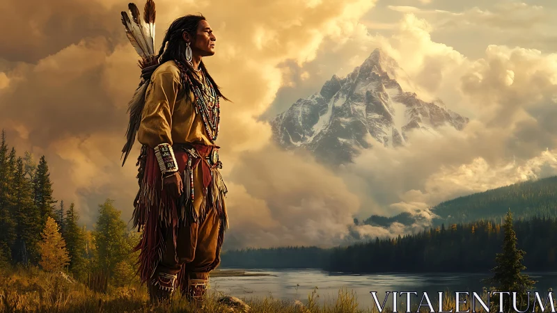 Indigenous warrior contemplates misty mountains at sunrise