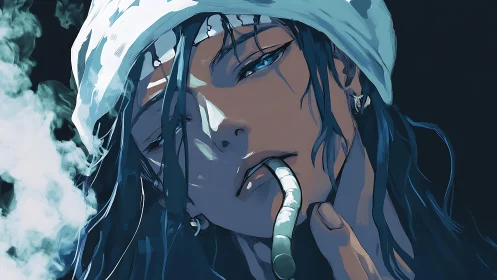 Moody blue-eyed rebel exhaling smoke in cool twilight haze.
