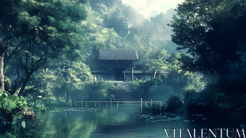 Serene lakeside temple hidden in dense green forest.