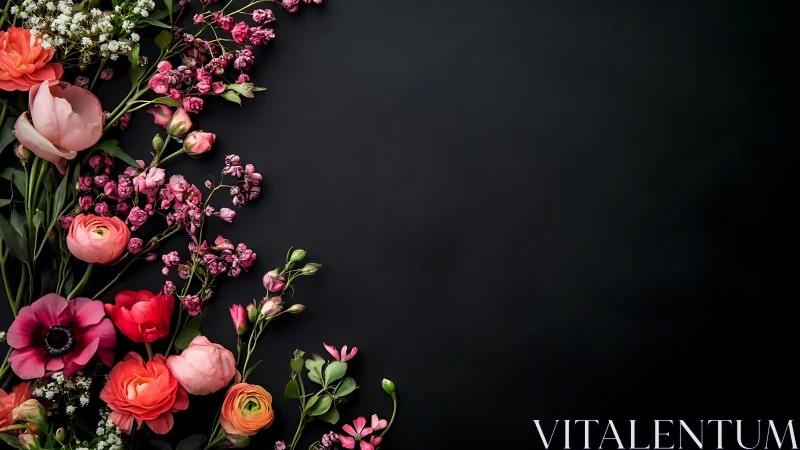 Floral arrangement on dark background with pink and coral flowers.