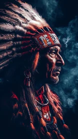 Portrait in profile with feathered headdress and smoke.