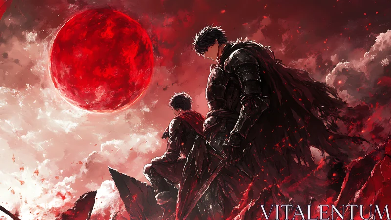 Armored warriors under crimson eclipse on shattered cliff edge