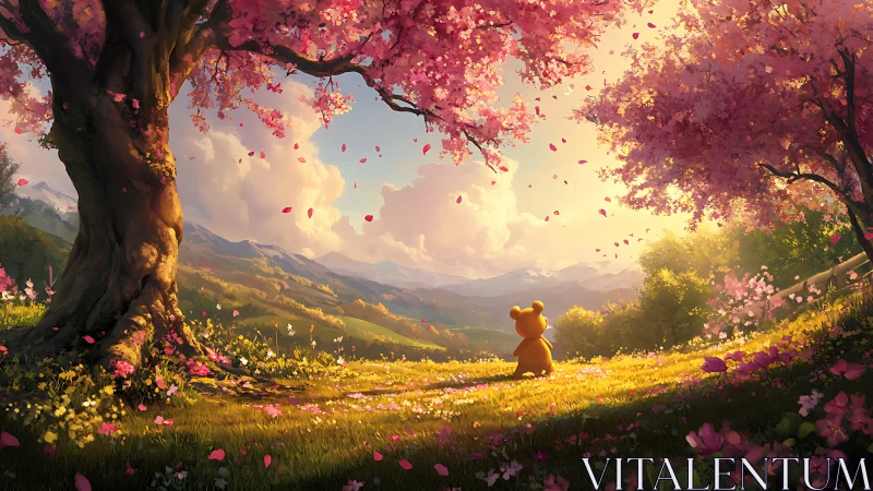 Bear cub gazes across sunlit valley beneath cherry blossoms.