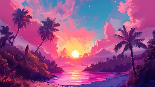 Vibrant tropical beach sunset with bold neon sky.