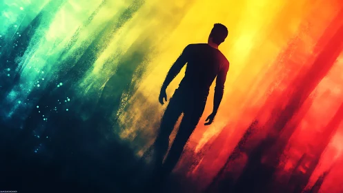 Silhouetted wanderer stepping into glowing rainbow light.