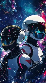 Futuristic duo in helmets against vivid cosmic backdrop.