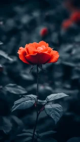 Vibrant Red Rose with Desaturated Foliage and Selective Color Emphasis