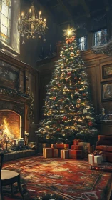 Grand festive tree in opulent candlelit manor interior.