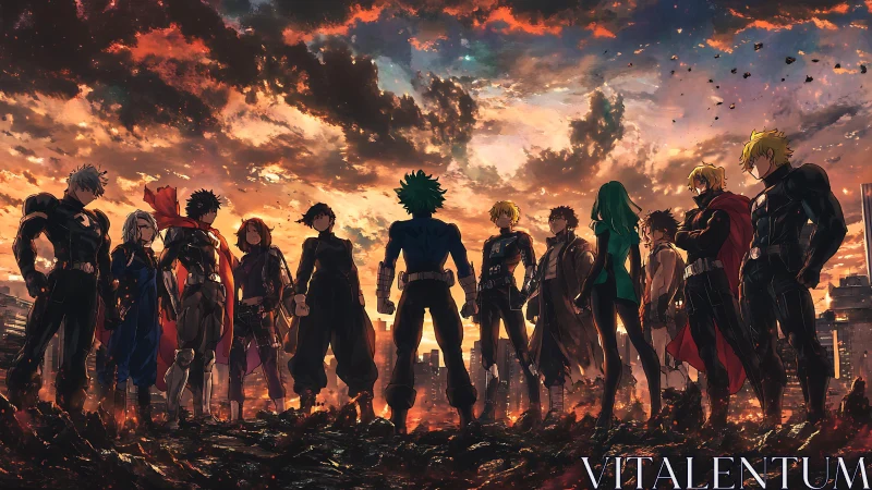 Heroic anime squad in tactical gear facing fiery urban horizon