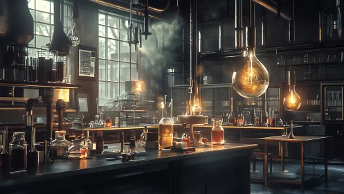 Vintage industrial laboratory glows under warm filament lamps