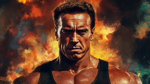 Fierce action hero portrait framed by blazing color and fire.