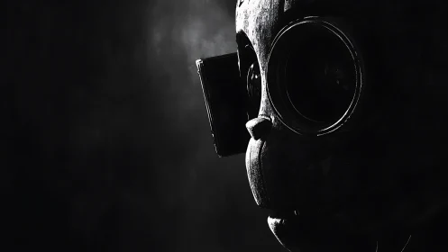 Half-lit gas mask portrait in stark monochrome shadows.