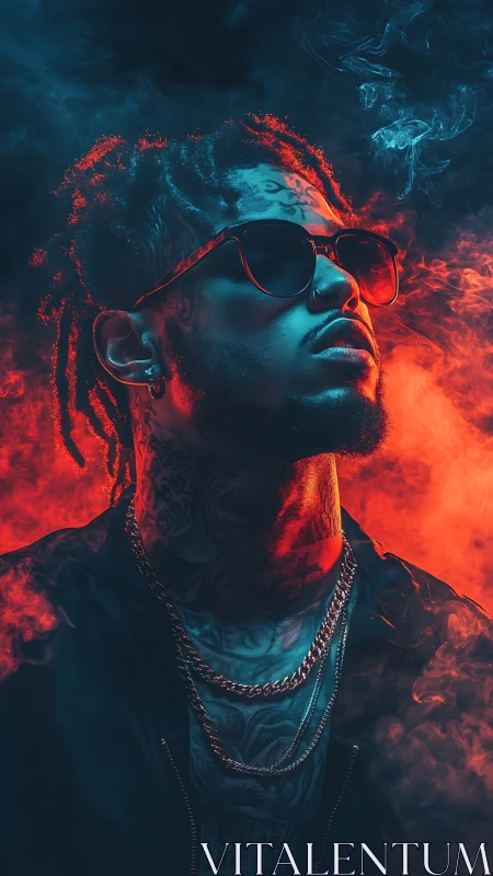 Cinematic neon portrait isolates tattooed subject in bicolor smoke