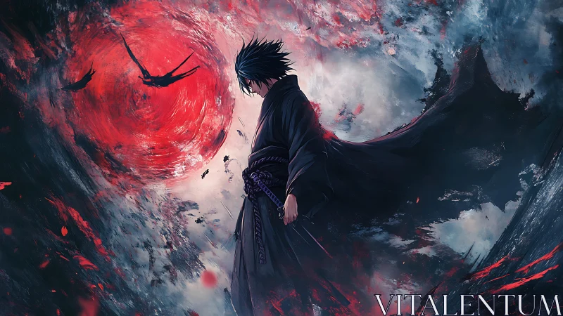 Solitary cloaked figure before swirling red celestial disk.