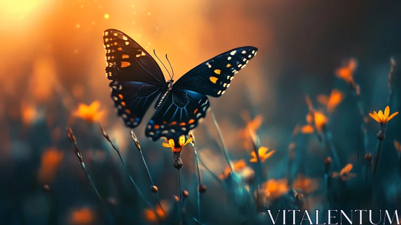 Butterfly hovers over orange wildflowers in shallow focus field