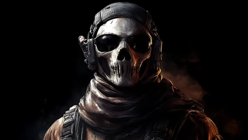 Tactical skull-masked operative in cinematic digital painting.