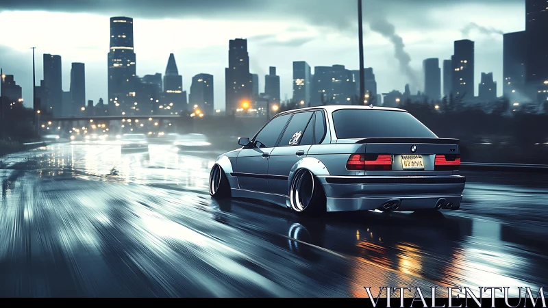 Digital nightscape with tuned sedan on reflective wet freeway.