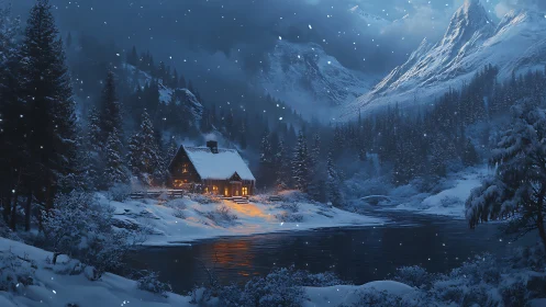 Snowbound riverside cabin amid conifer forest and alpine peaks