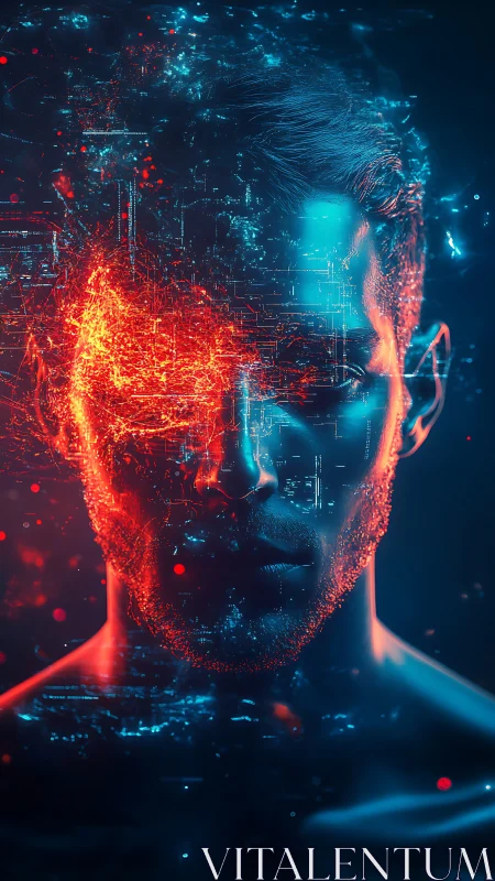 Electric mindscape blends human portrait and neon circuitry