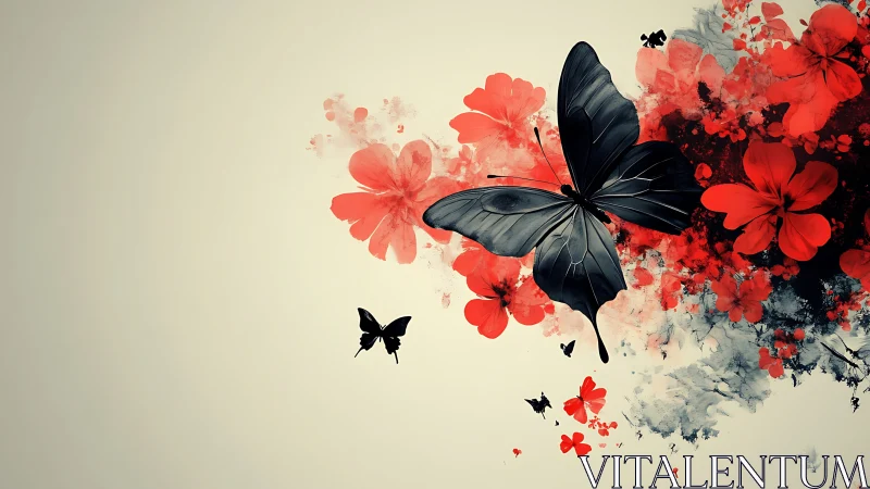 Black butterflies drift through red floral watercolor haze
