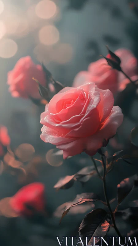 Pink roses with water droplets captured in soft bokeh lighting conditions.