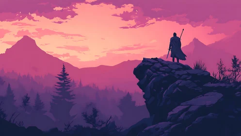 Solitary cloaked wanderer surveying misty conifer valley at dusk