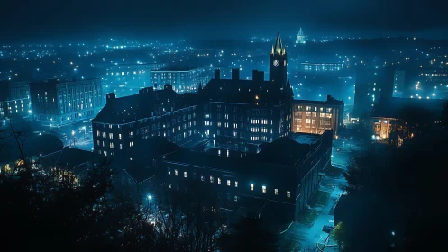 Nocturnal cityscape renders gothic campus in cyan haze