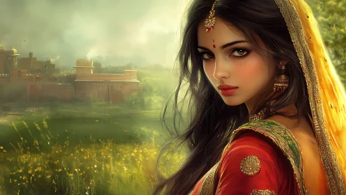 Regal woman in red sari gazes over misty palace fields