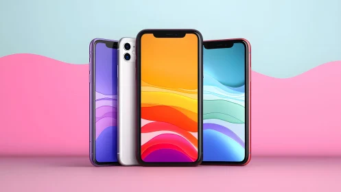 Three modern smartphones with colorful screens, minimalistic background.