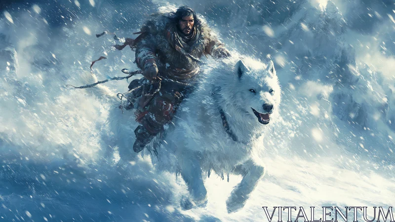 Snowstorm rider charges ahead with a loyal giant white wolf