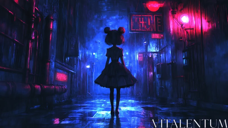 Silhouetted girl in neon alley under heavy night rain.