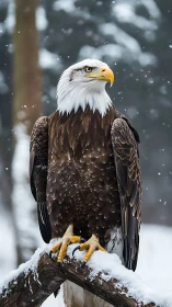 Bald eagle stands alert on snowy branch in winter forest