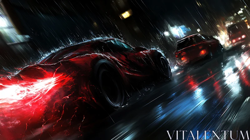 Red hypercar night pursuit on rain-slick neon city street