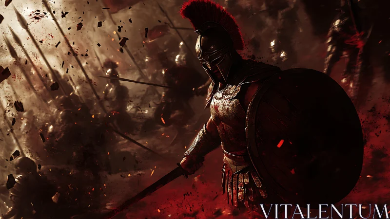 Spartan warrior strides through firelit chaos of battle.