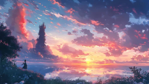 Distant vertical tower stands across reflective sunset shoreline