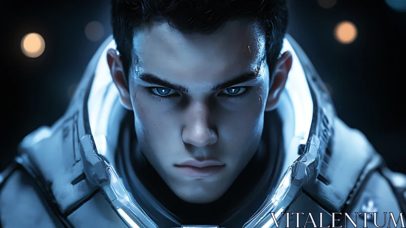 Young space explorer gazes ahead with quiet fierce focus.