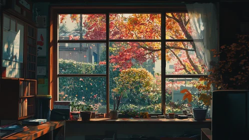 Sunlit autumn garden glows beyond a quiet studio window