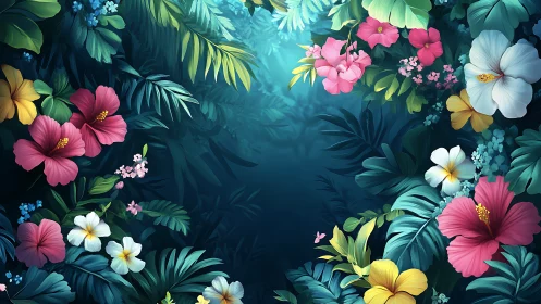 Digital painting of tropical floral frame with deep teal void.