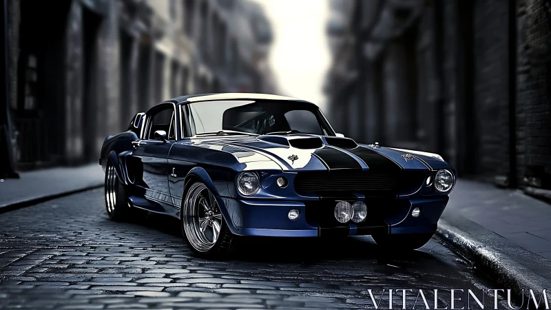 Midnight blue muscle car glows with power on wet cobblestones