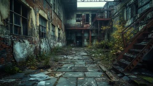 Derelict industrial courtyard with rusted steel stairs and weeds