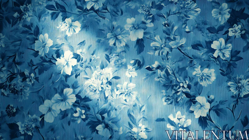 Blue floral composition rendered in monochromatic tonal variation