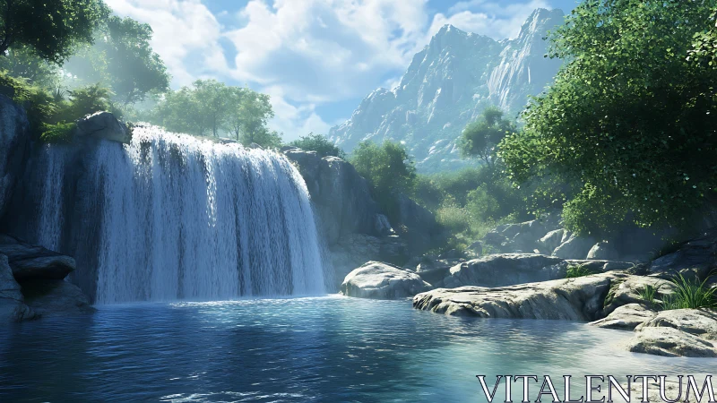 Cascading Waterfall Through Mountain Valley With Volumetric Light Rendering