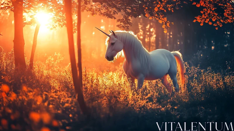 Sunlit unicorn stands in glowing autumn forest atmosphere