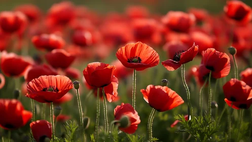 Vivid Red Poppies in Field: Botanical Study with Shallow Depth.